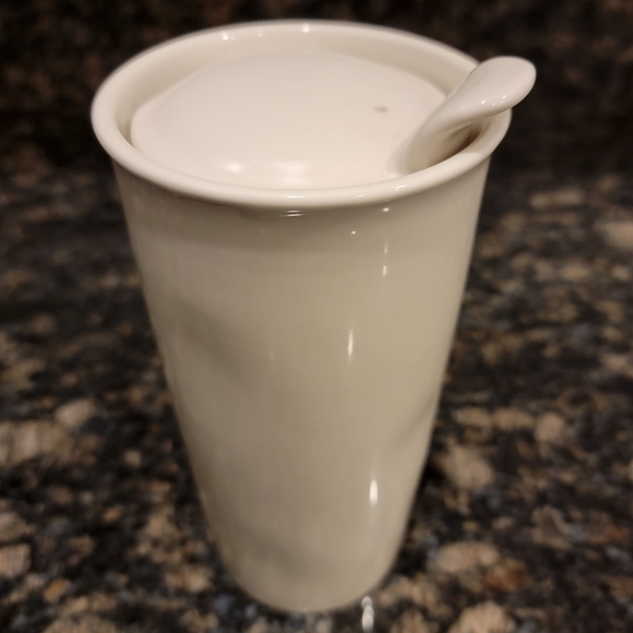 Rae Dunn DRINK Tall White Ceramic Coffee Travel Mug Tumbler with Lid - Picture 10 of 11